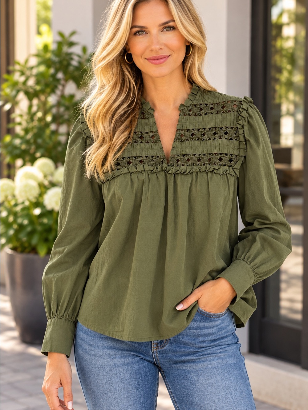 AVARA Olive Green Womens L 100% Cotton Long Sleeve Shirt Boho Cottagecore Blouse